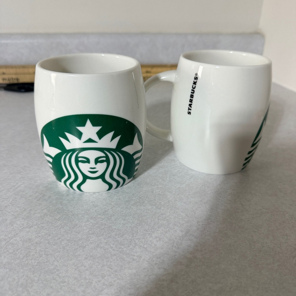Starbucks 2010 Siren Logo White Ceramic Coffee Mug Set of 2 14oz Barrel Shape